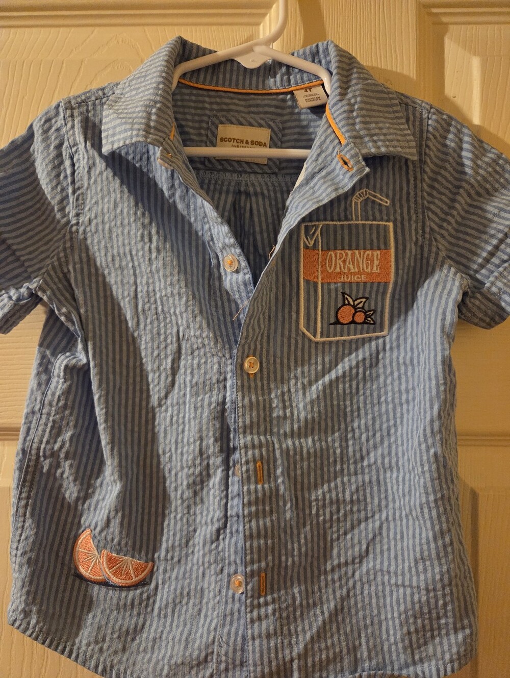 Scotch & Soda Blue Striped Button-Down Shirt with Orange Patch